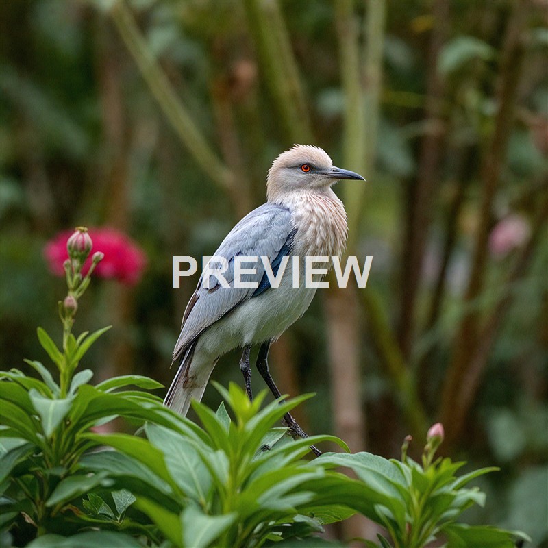 A bird with light-colored feathers and orange eyes perched on green foliage, with pink flowers in the background.